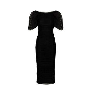 NWT Anouki Gathered Midi Pencil Dress Womens Medium Black Short Puff Sleeve NEW